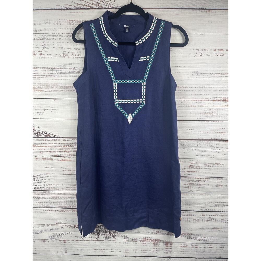 Hatley Dress Women's Medium Blue Embroidered V Neck Sleeveless Shift Pockets